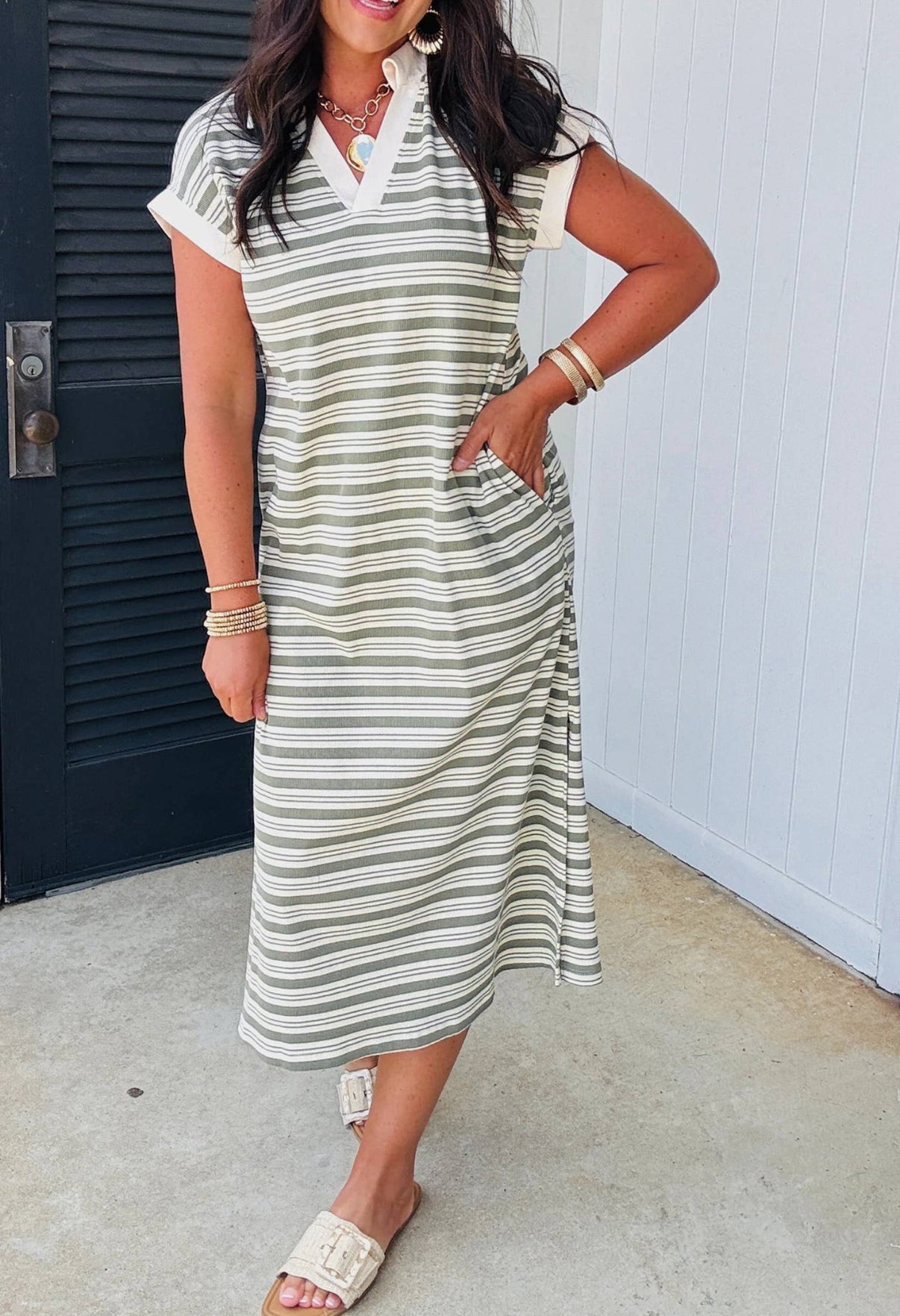 Green Stripe V Neck
